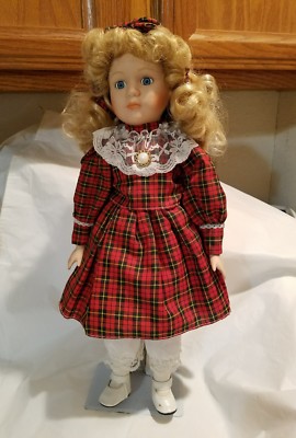 Porcelain Doll Blond Hair, Blue Eyes with Red Plaid Dress & Bow