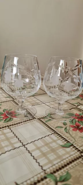 2 X Etched Stuart Crystal Cascade Cut Brandy Glasses. VGC