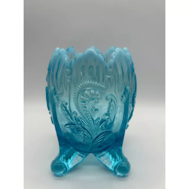 Northwood Blue Opalescent Glass Inverted Fan & Feather Footed Rose Bowl