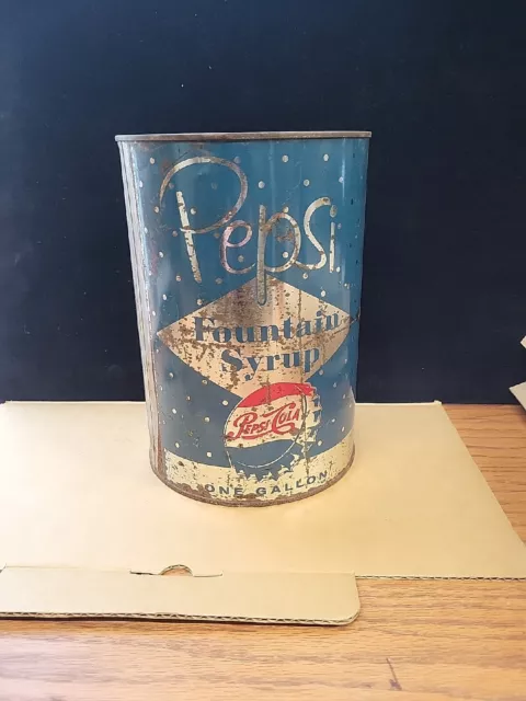 Vintage Pepsi Cola 1 Gallon Fountain Syrup Tin Can Advertising Blue Red  Cap