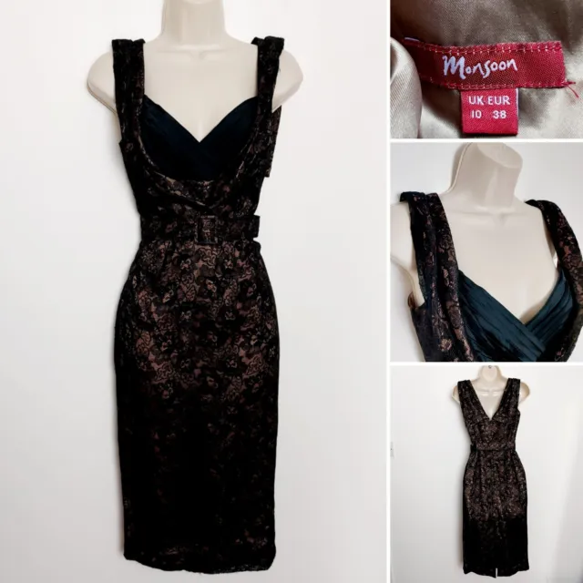 Monsoon Retro Style Taupe Lined Black Lace Pencil Wiggle Dress Size UK 10