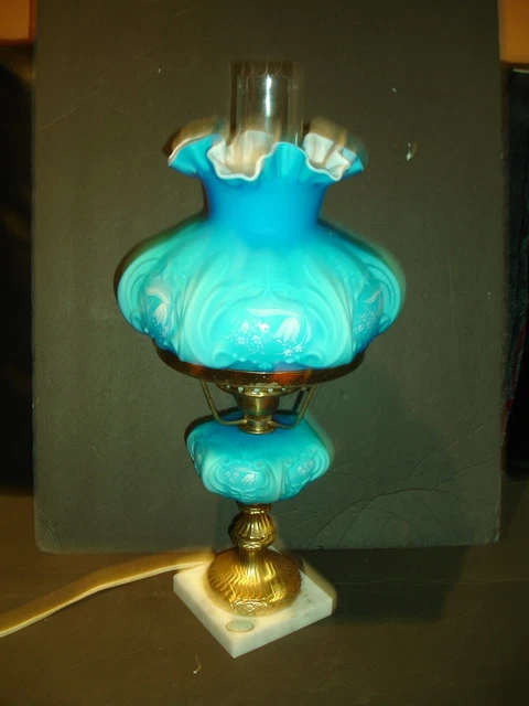 FENTON BLUE COLOR SATIN CASED GLASS STUDENT LAMP w/3 LIGHTING OPTIONS, SIGN