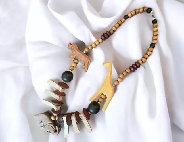Vintage Folk Art  Necklace Wooden Beads Hand Carved unusual shapes 10/3-7