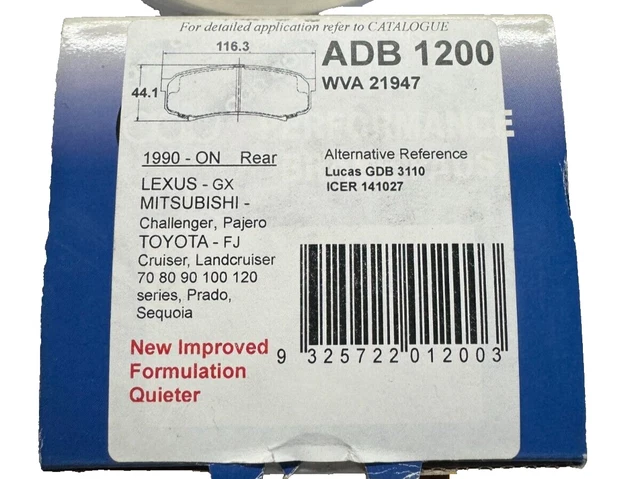 ADB REAR BRAKE PAD ADB1200 for TOYOTA 1990-on FJ CRUSIER LANDCRUISER 70 ...