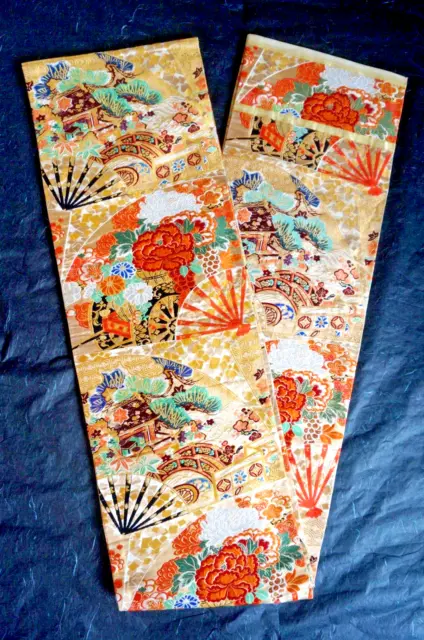 Maru Obi Japanese Kimono Antique Woven Classic Belt Silk Gold Sensu Fan Flower