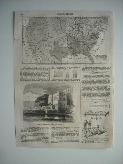 Gravure 1861. Carte  Etats-Unis D'amerique Indiquant Etats A Esclaves. A Naples.
