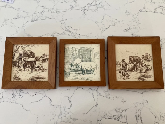 Trio of Old Malkin Edge Co 6" Tiles Farm Animals In Wooden Frames