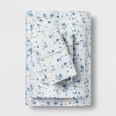 King 400 Thread Count Floral Print Cotton Performance Sheet Set White/Blue