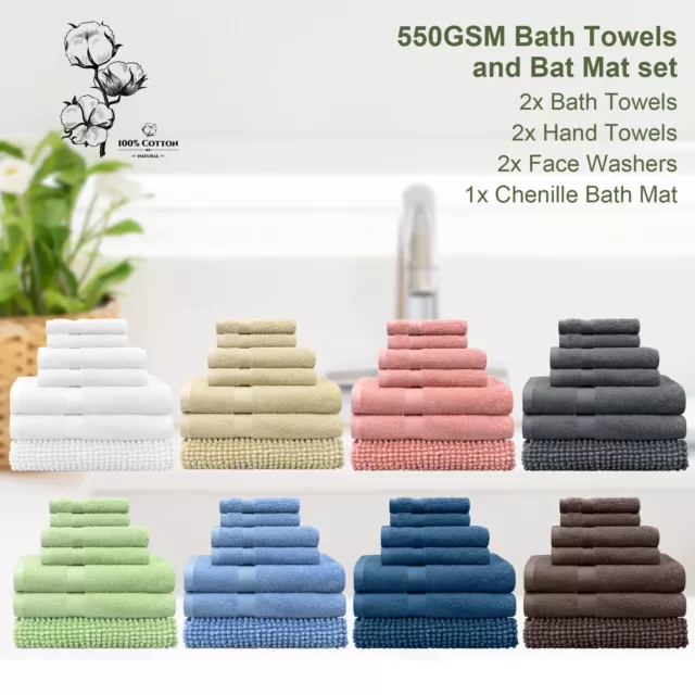 7 Pack Bath Towel Sets Bath Towel Chenille Mat 550GSM High Quality 100% Cotton