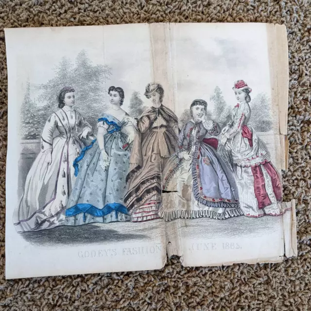 Antique Godey's Victorian Rare Hand Colored Fashion Book Plate Print June 1865