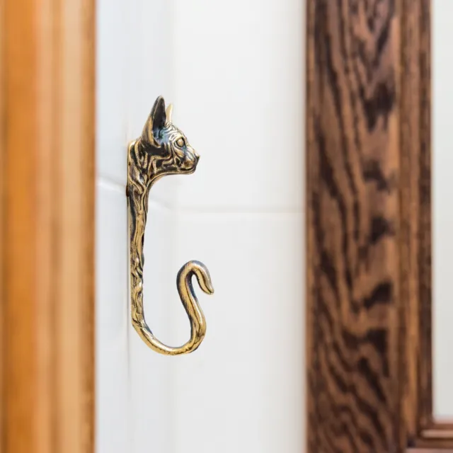 Wall hook in the form of the head of a Sphynx cat, a large strong brass hook.