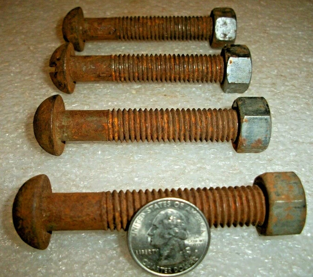 4 - Vintage  3" Long X 1/2" Thick Shank, Slotted Head Steel Machine Bolts & Nuts