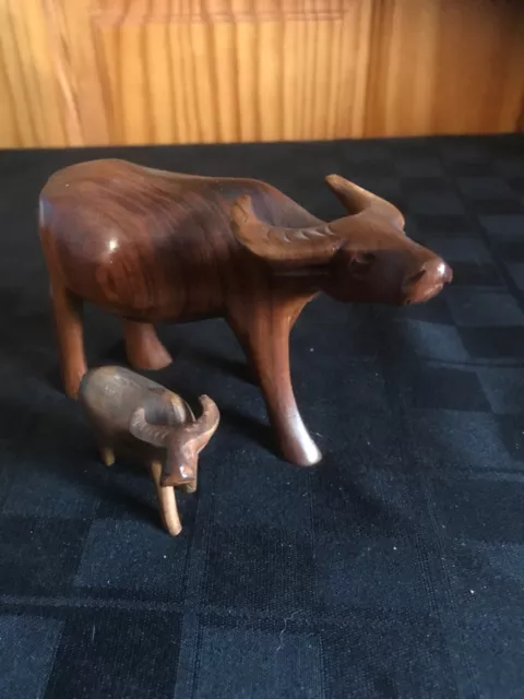 Hand Carved Wood Carabao Bull Water Buffalo Ox Figurine Vintage Pair