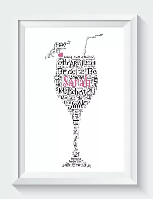 Personalised Word Art Cocktail Glass Bride to Be Hen Friend Print ONLY Unframed