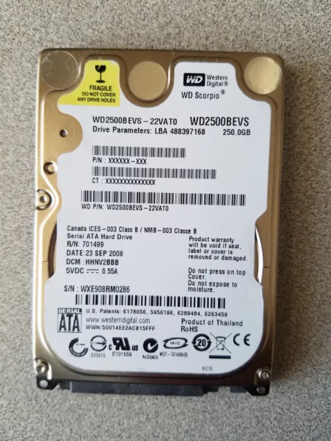 WD Scorpio WD2500BEVS 250GB SATA 2.5" HDD Hard Drive 100% HEALTH WIPED 0286