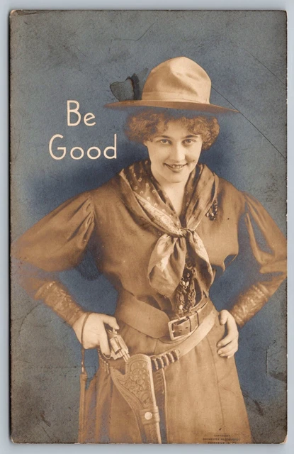 Postcard Be Good Sue Sam Western Cowgirl Revolver Gun Real Photo RPPC RARE! C1
