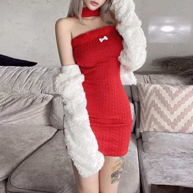 Winter Women's Christmas High Waist Halter Dress Long Sleeve Plush Jacket