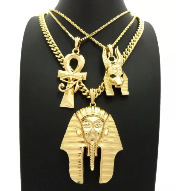 New Egyptian Ankh Cross Anubis & King Tut Pendant Chains Hip Hop Necklaces