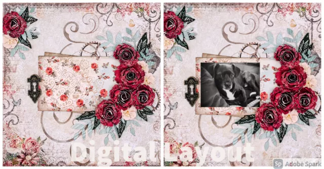 DIGITAL LAYOUT - Red Roses & Keyhole Vintage Shabby Chic Scrapbook Page JPEG