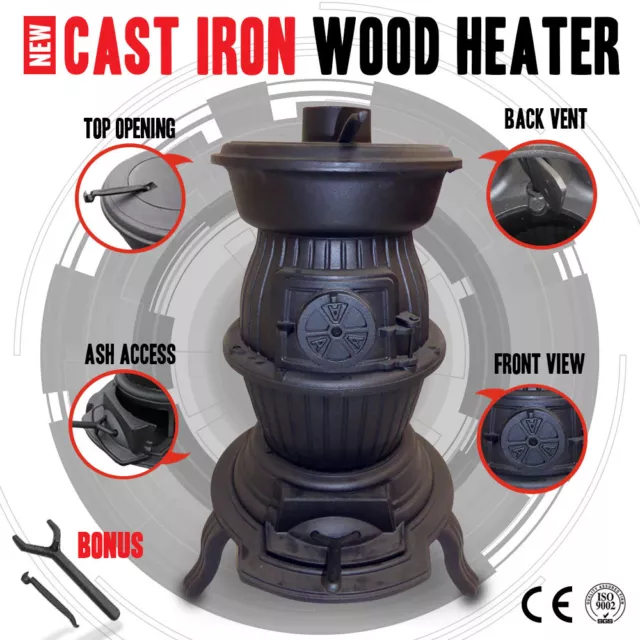 Cast Iron Wood Heater Pot Belly Heater Slow Combustion 6KW Heat Up To 12 Square