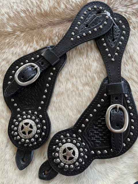 Adult Size Black Genuine Leather Silver Studs PAIR of Western Spur Straps