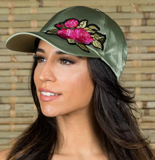 Women's Satin Baseball Cap with Flower Applique  Adjustable Packable Olive