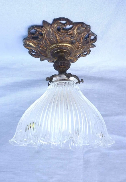 French Ceiling Light Holophane Glass Shade Brass Mount Chandelier Late 19th C