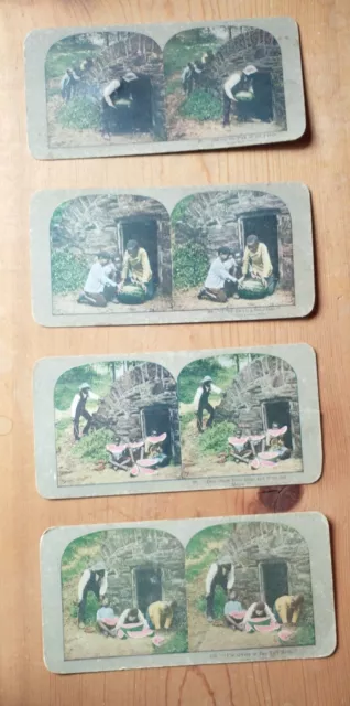 4 Antique Stereoview Stereo View Cards Black Americana Farmer + Kids-Watermelon