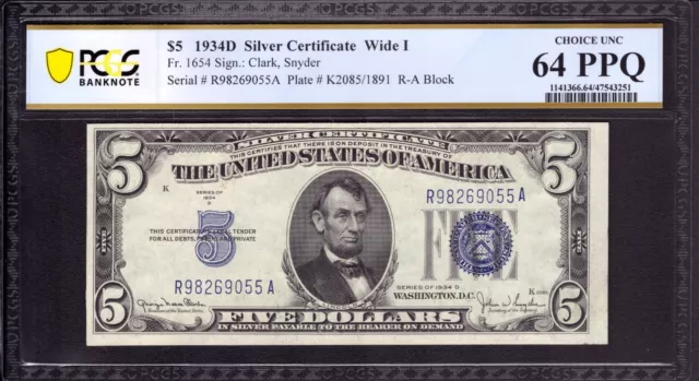 1934 D $5 Silver Certificate Note Fr 1654 Ra Block Pcgs B Choice Unc 64 Ppq