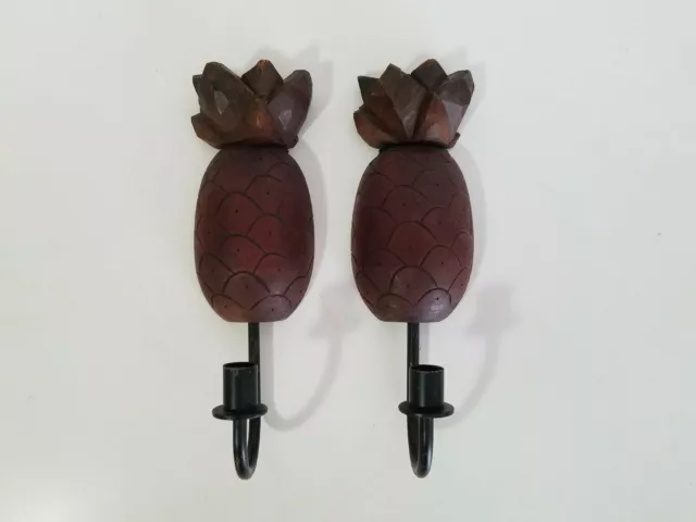 Cute Pair of Vintage Pineapple Candle Sconces Wood & Metal