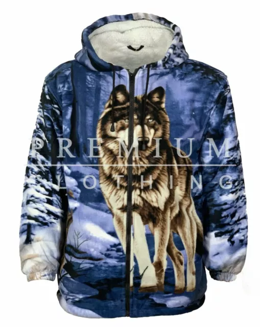 Mens Womens Hooded Fur Sherpa Fleece WOLFfs Blue Jacket Thermal EXTRA Thick Warm