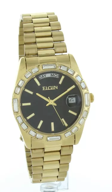 Vintage New old Stock  Men’s Elgin Dress Watch Gold Stainless Stone Bezel