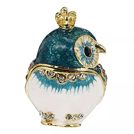 VOSAREA Owl Trinket Box Hand Painted Metal Hinged Jewelry Box Enameled Blue