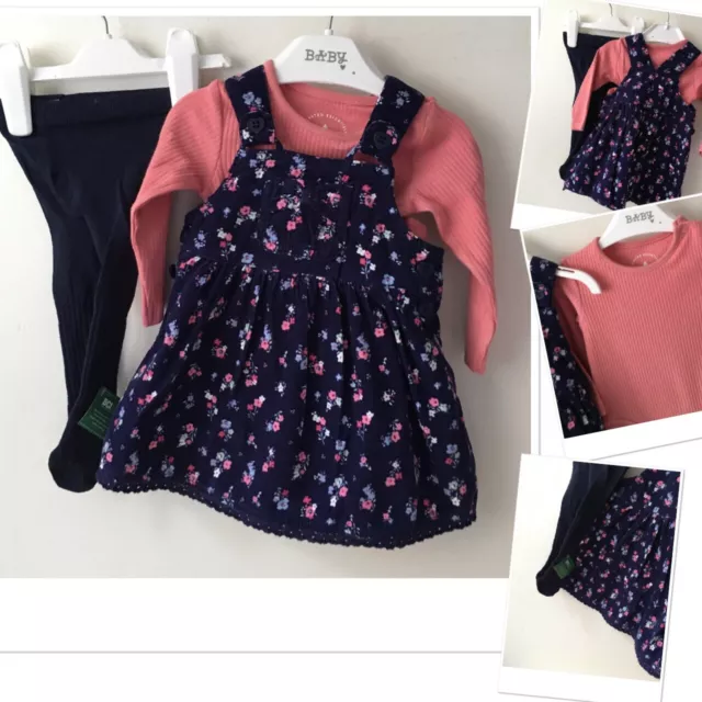 George Baby Girls Pinafore Dress Exc U & New Bodysuit & New M&S Tights 0-3 Mon