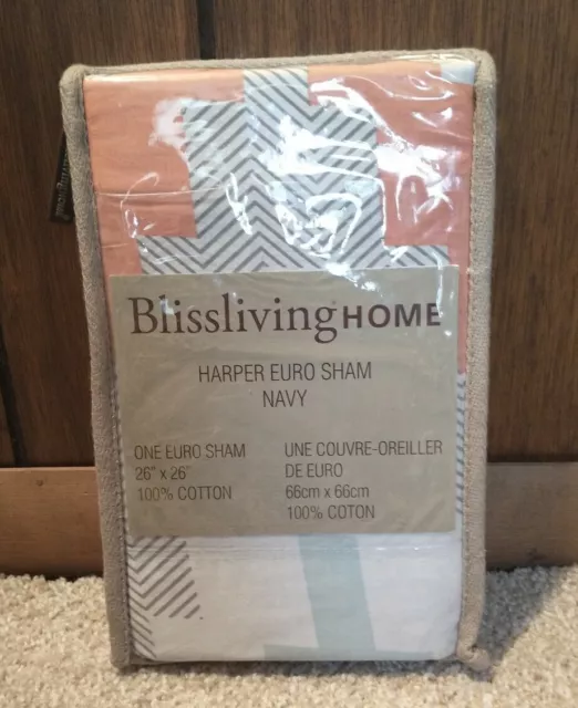 BlissLiving Home Harper Euro Sham Single NIP Navy Coral White Gold