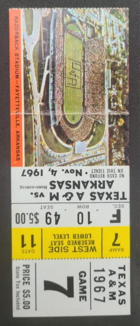 11/4/1967 Texas A&M vs. Arkansas Football -- TICKET STUB C