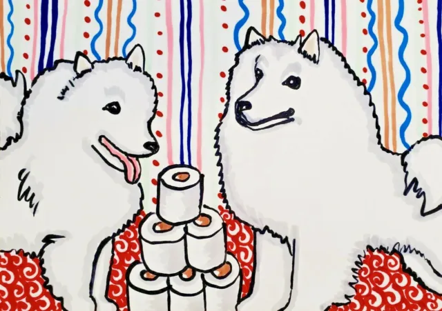American Eskimo Dog Hoarding Toilet Paper 8.5 x 11 Art Print Signed Artist KSams
