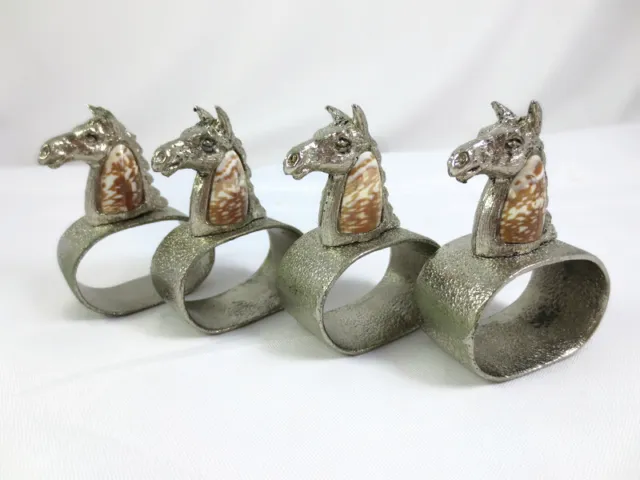 Set of 4 Vintage Silver Tone Horse  Sea Shell Napkin Rings Figural