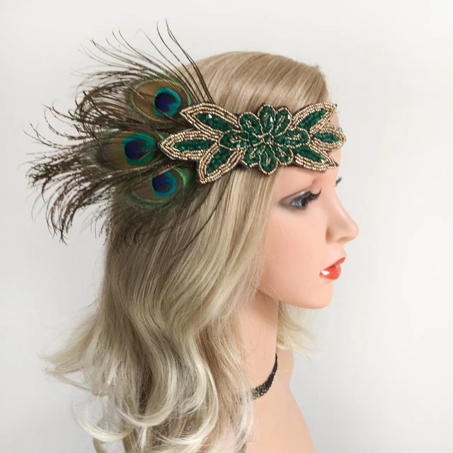 1920s  Peacock Feather Hair Band Bridal Headpiece Women Headband