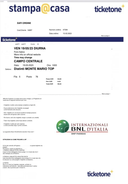 2 biglietti Internazionali BNL d'Italia Roma 2023 Sess. Diurna Venerdì 19 maggio