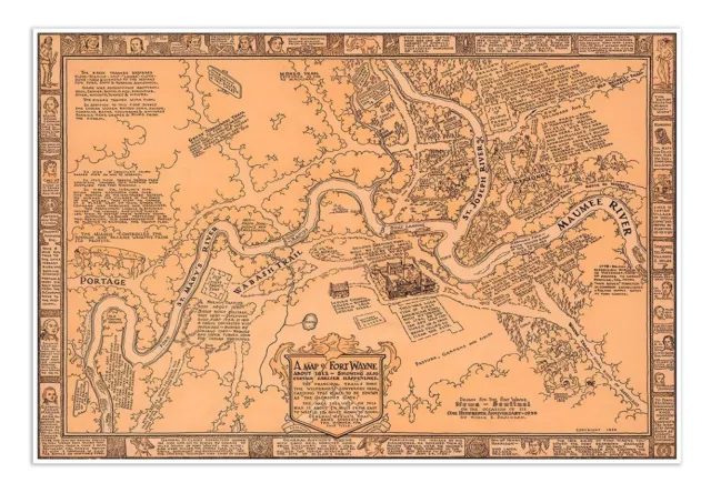 Large Pictorial 1812 Map of FORT WAYNE, Indiana circa 1930 - 24" x 36" Art Print