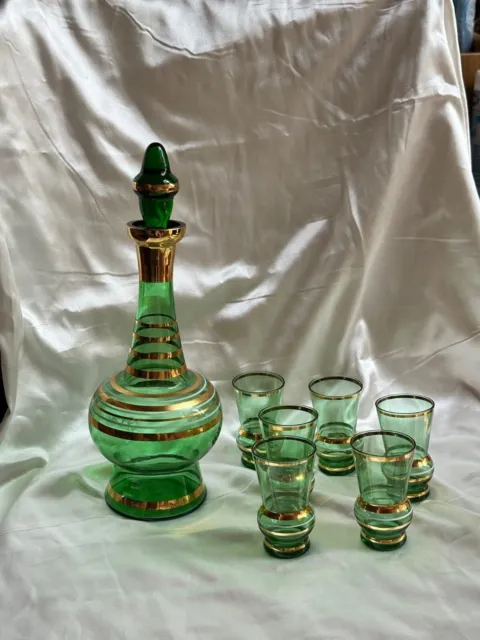 Vintage Bohemian Czech Wine Decanter and Glasses