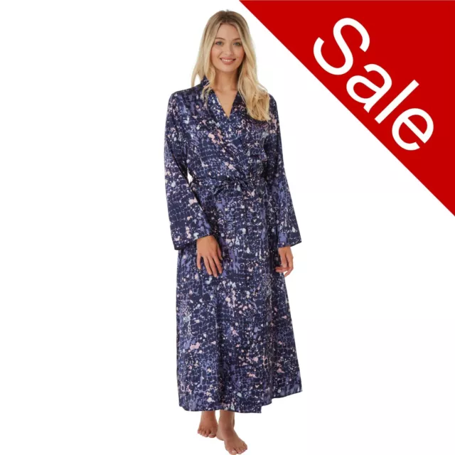 Navy Satin Long Full Length Dressing Gown Wrap Bath Robe Kimono Size 18 20