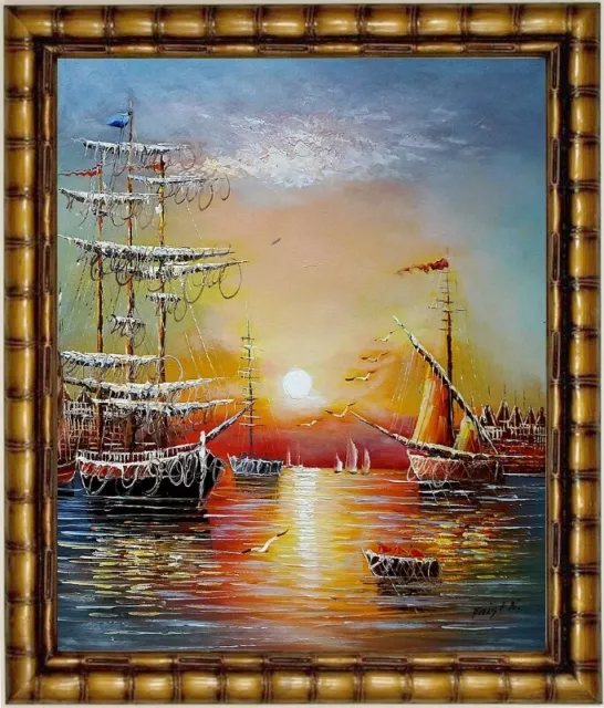 Ölbild, Segelschiffe im Hafen,Meer Sonnenuntergang HANDGEMALT Gemälde F: 50x60cm