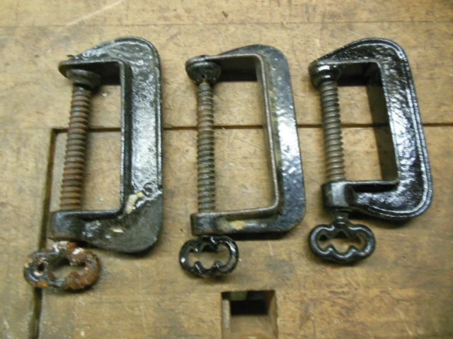 vintage small cast iron C clamps nicely shaped old shop tool