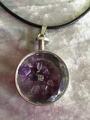 Natural Amethyst Chips Round Glass Pendant Necklace With Black Wax Leather Cord