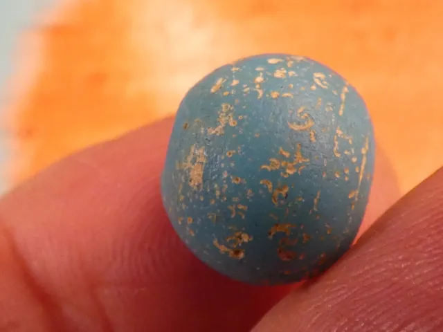 Ancient Chinese Sky Blue Glass Bead 13.5-11.3 Mm Aged Patina Surface Wear