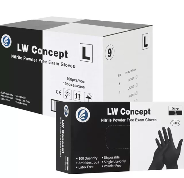 LW Concept Nitrile Exam Gloves (5 mil) - Black - 1 Case (1000 pc) 1box-(100pc)