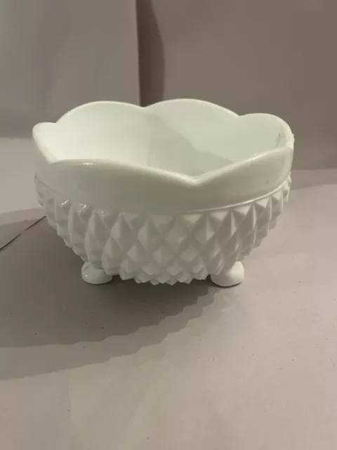 Vintage Mid-Century Milk Glass Hobnail Style Footed Catchall Bowl or Candy Dish