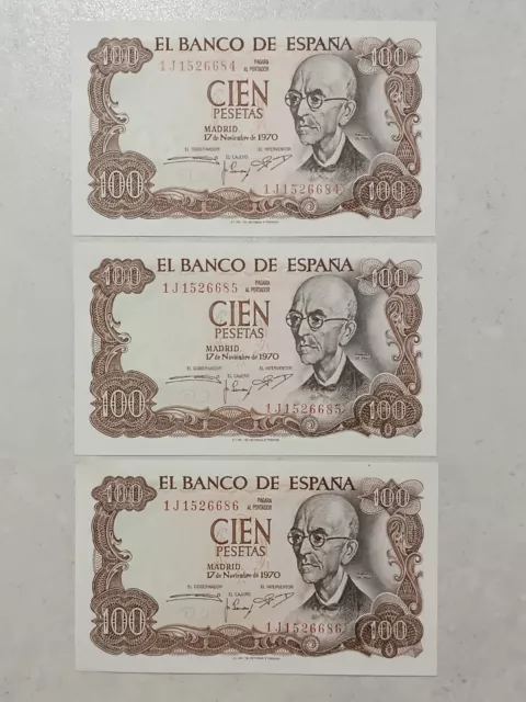 Lote De 3 Billetes Correlativos De 100 Pesetas. 1970. Falla. Ebc++